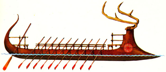 Древнеримский военный корабль построенный по образцу древнегреческой триеры 7 букв