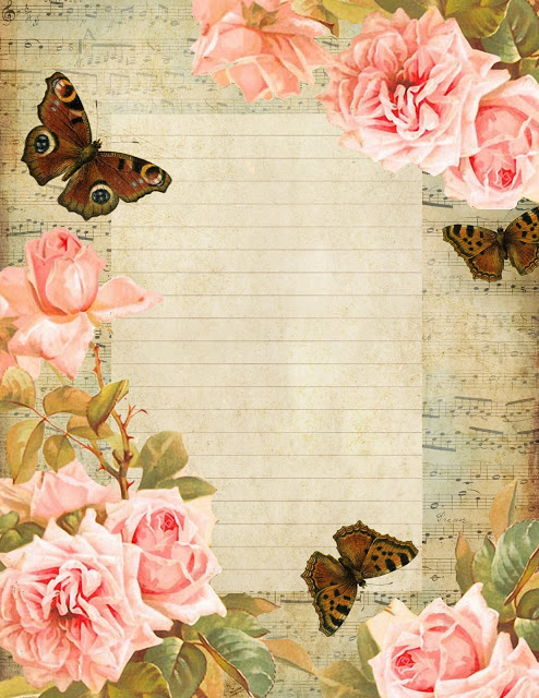 French sheet music lined paper ~ brown butterflies pink roses blue sky (494x640, 120Kb)