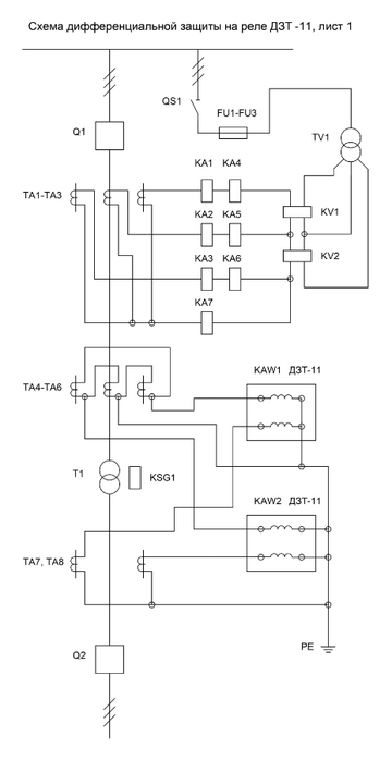 Схема дифференциальной защиты трансформатора