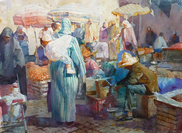 Geoffrey Wynne morocco market watercolour mercado marruecos acuarela (700x511, 443Kb)