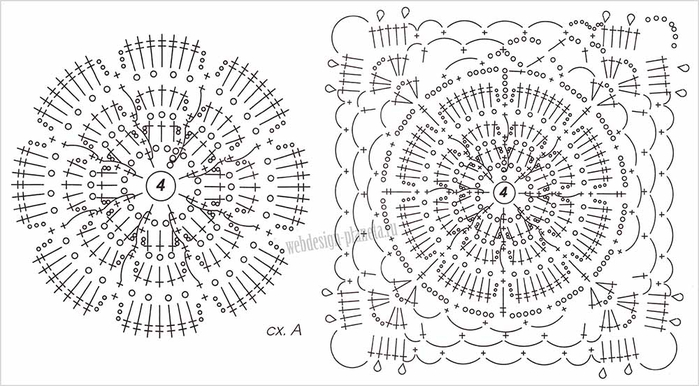 Роза в квадрате крючком схема и описание