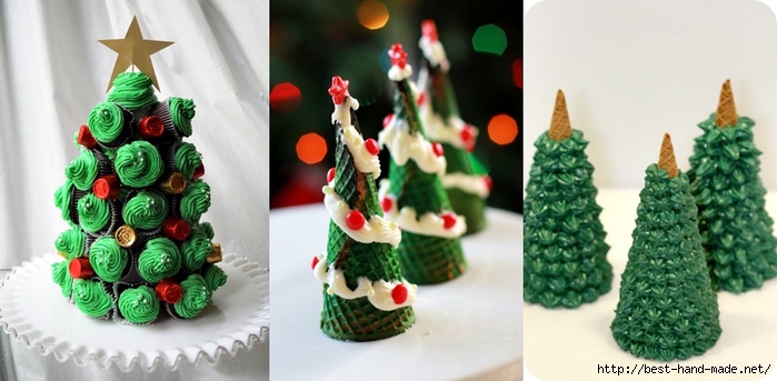 Christmas tree out of ice cream cones and cupcakes (700x343, 183Kb)