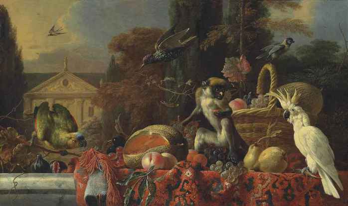 A_cockatoo,_a_monkey_by_a_wicker_basket_of_fruit (700x414, 24Kb)