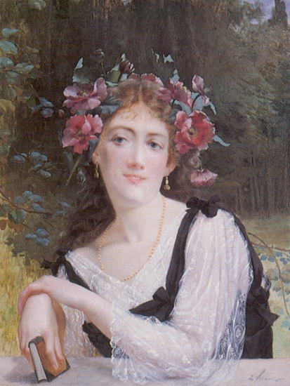Emile Vernon French - France Painter & Paintings Lady with Garland of Flowers (413x550, 210Kb)