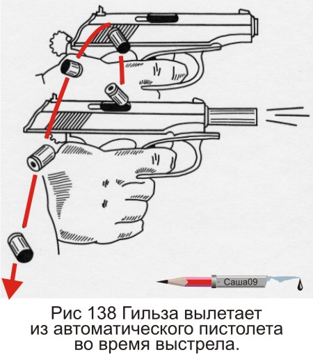 При выстреле из пистолета вылетает