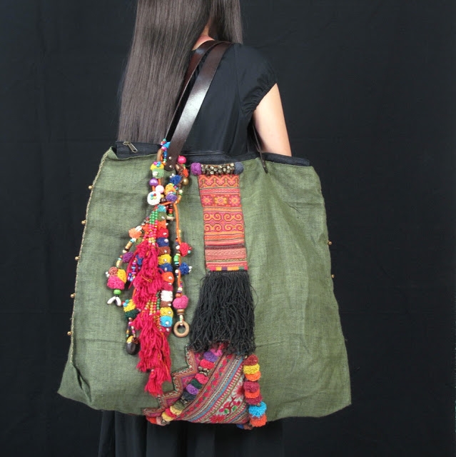 Olive Green Hemp Tribal pom pom Vintage Fabric Hippie Bag 2 (639x640, 205Kb)