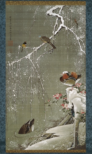 Mandarin Ducks in Snow, 1759 (300x500, 150Kb)