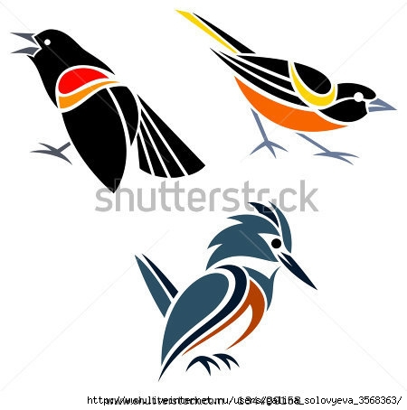 stock-vector-stylized-birds-red-winged-blackbird-baltimore-oriole-and-belted-kingfisher-134409158 (450x454, 76Kb)