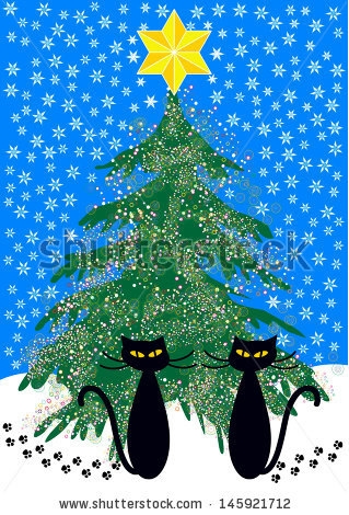 stock-vector-merry-christmas-card-design-with-decorated-tree-and-two-cartoon-cats-145921712 (319x470, 187Kb)