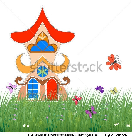 stock-vector-fairytale-house-on-the-green-grass-with-flowers-and-butterflies-on-a-white-background-147789116 (450x470, 134Kb)