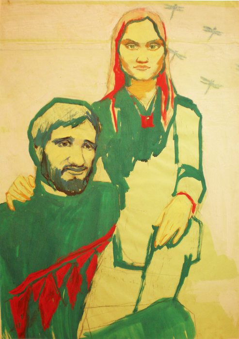 Companion portrait. Decorative solution. 50x70.Colored paper, gouache and pencil (493x700, 439Kb)