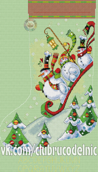 Sledding Snowmen Stocking (401x700, 524Kb)