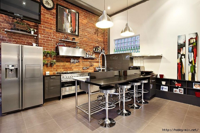 Sleek-Industrial-Kitchen-Design-with-Exposed-Brick-Wall-and-Dome-Pendant-Lamps-Above-the-Island-with-Chrome-Bar-Stools-Mollison-Conversion-936x624 (700x466, 281Kb)