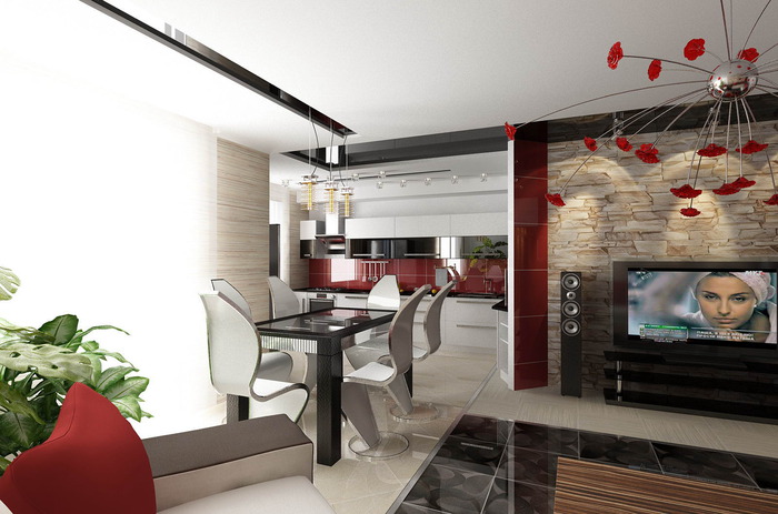 Современный дизайн гостиной с кухней