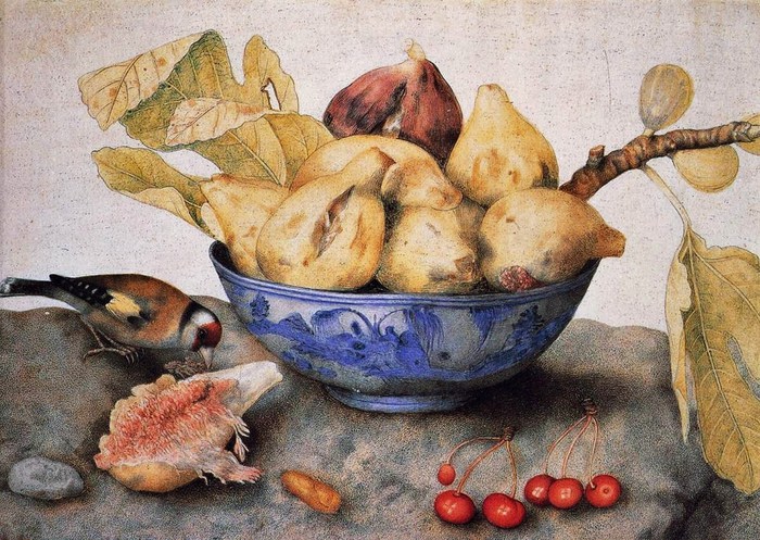 Giovanna Garzoni (Italian Baroque Era Painter, 1600-1670) Chinese Bowl with Figs, Cherries, and a Bird (700x497, 146Kb)