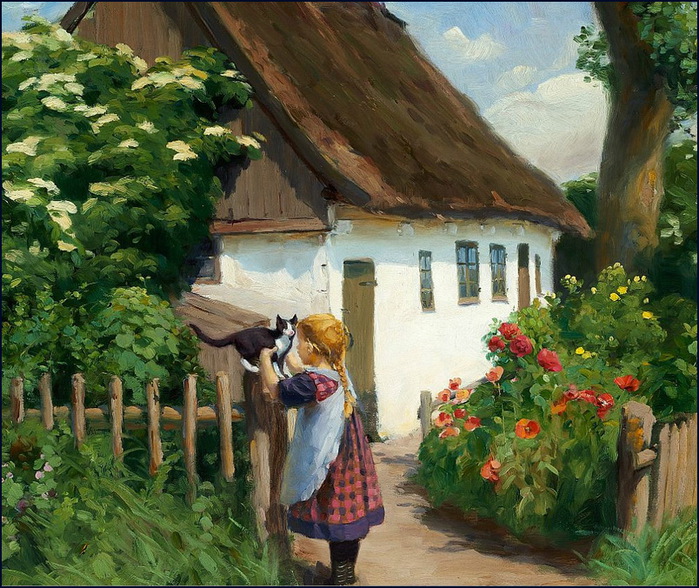 Hans Andersen Brendekilde Summer day in the village with a little girl and a kitten.jpg! (700x588, 206Kb)