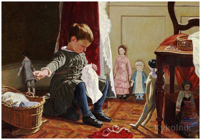Axel_Theofilus_Helsted_Danish_1847_1907_Little_girl_sewing_in_a_corner_of_the_living_room_surrounded_by_her_dolls_ (700x490, 131Kb)