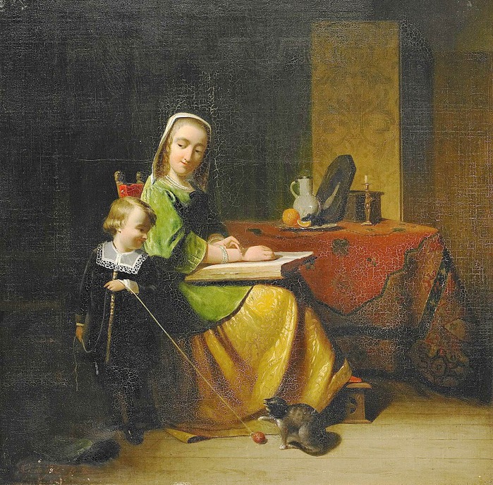 MODESTE_JOSEPH_DE_SALLE_1826_1877_Interi_r_med_mamma_pojke_och_katt_1857 (700x688, 230Kb)