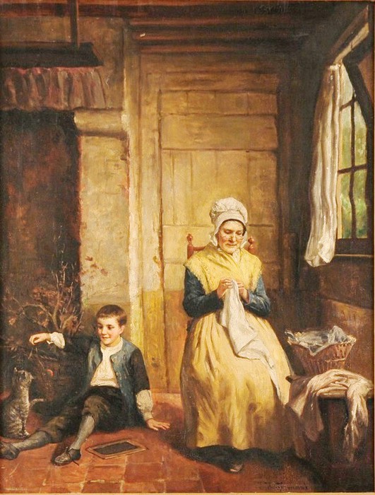 OIDENTIFIERAD_KONSTN_R_1800_tal_kvinna_med_handarbete_pojke_och_katt_otydligt_signerad (531x700, 112Kb)