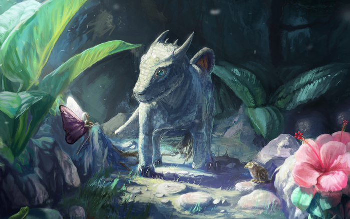 art_dragon_cub_fairy_frog_bird_stones_forest_hd-wallpaper-402448 (700x437, 318Kb)