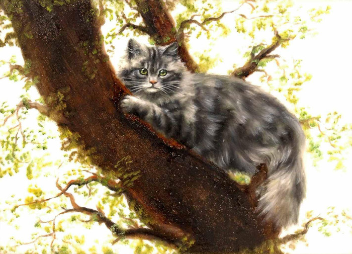 A cat in a tree oil on milk glass (700x505, 152Kb)