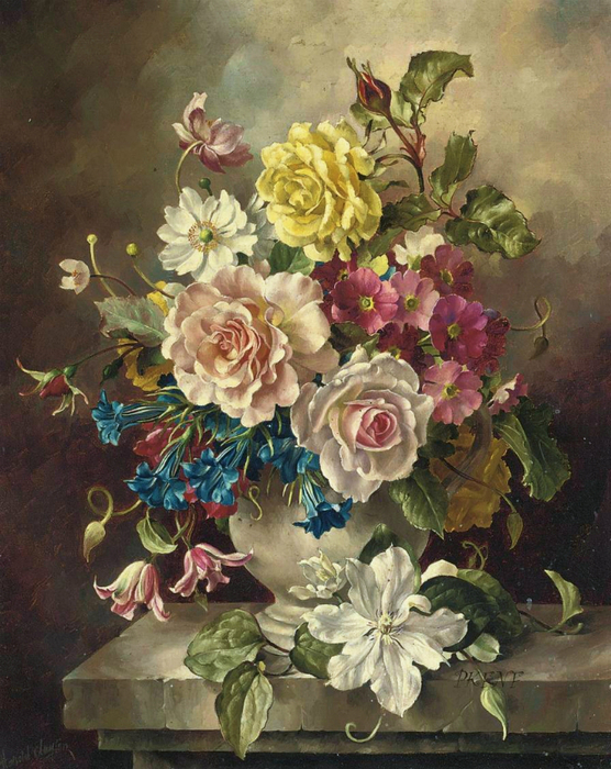 Roses, convolvulus, and other flowers in a vase, on a ledge (556x700, 484Kb)