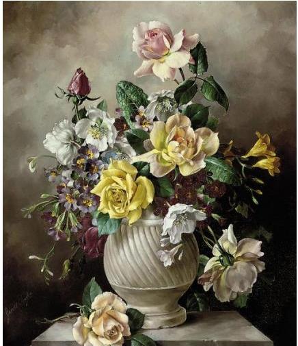 Roses, freesias, primroses and dog roses in a white urn on a marble pedestal (436x505, 43Kb)