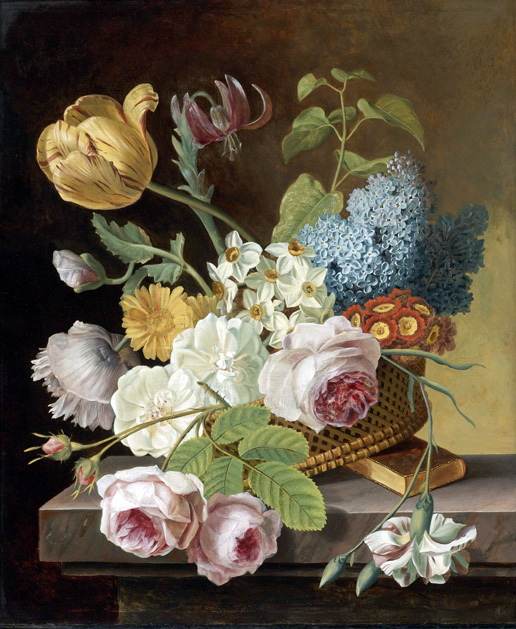Dael 018 - Flower Still Life With Roses, Tulips, Narcissi, And Other Flowers In A Basket On A Ledge (516x629, 188Kb)