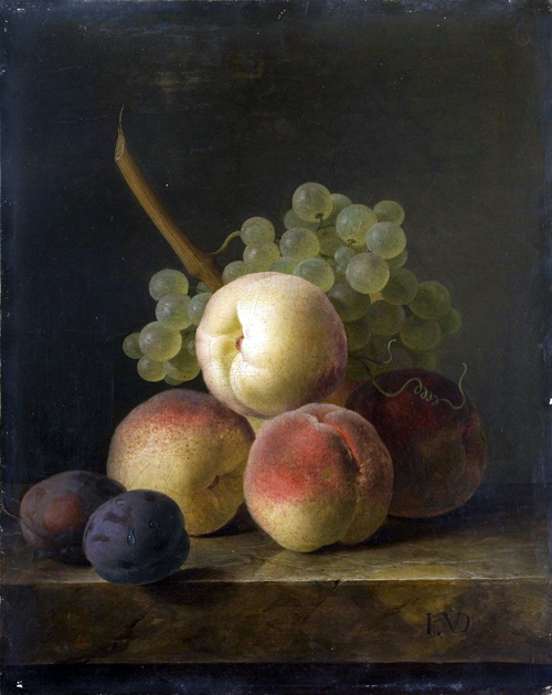 Dael 022 - Nature Morte Aux Peches, Prunes Et Grappe De Raisin Blanc (500x629, 298Kb)