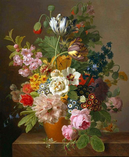 Dael 024 - Roses, Tulipes, Liseron, Dahlias Et Autres Fleurs Dans Un Pot En Terre Sur Un Entablement En Marbre (517x629, 352Kb)