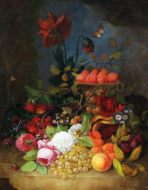 Dael 029 - Stillleben Mit Blumen, Insekten, Trauben, Pflaumen, Pfirsichen Und Melone Auf Einem Tisch. 1814 (489x629, 324Kb)