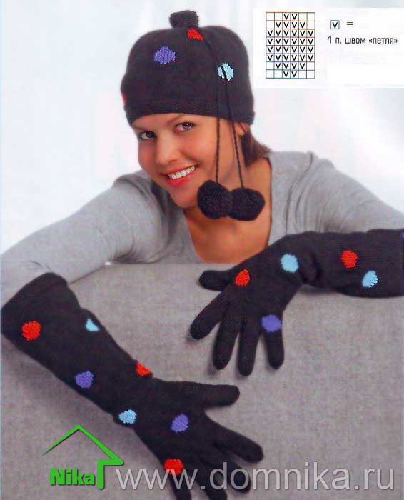 Узорчатый шарфик, шапочка и длинные перчатки спицами