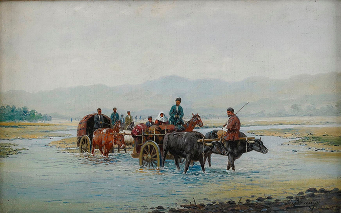 Caravan crossing a river in central Asia (700x438, 341Kb)