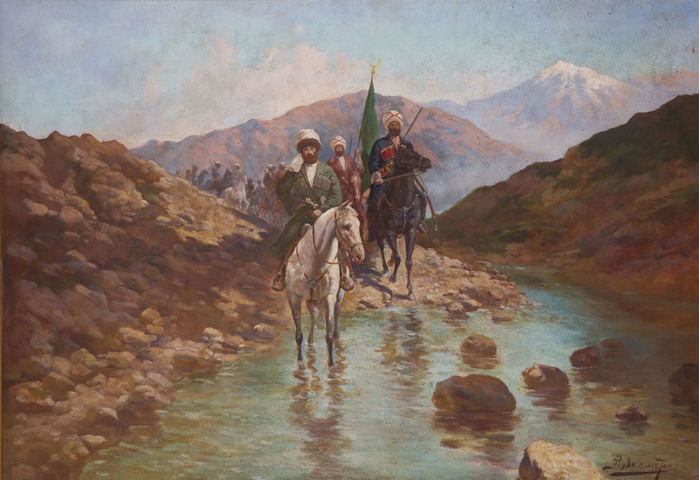 Les cavaliers traversant le ruisseau en haute montagne (700x480, 112Kb)