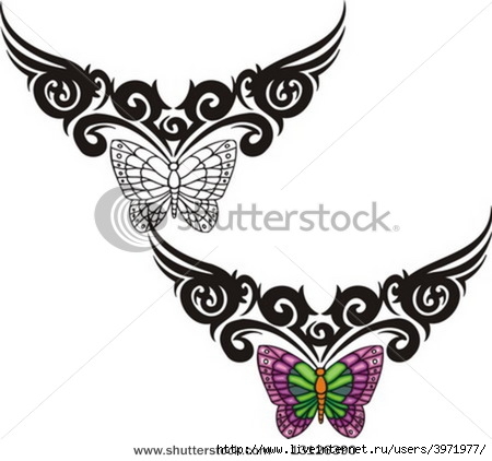 stock-vector-the-butterfly-with-violet-wings-from-above-a-black-pattern-tribal-butterfly-tattoo-vector-13126390 (450x422, 86Kb)