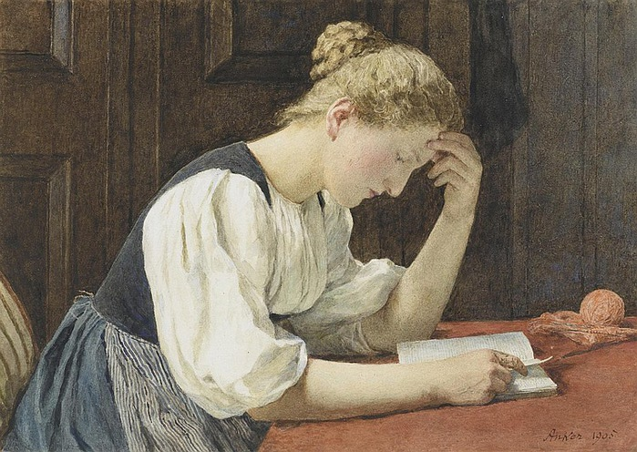 Young woman reading at a table. 1905 (700x496, 141Kb)