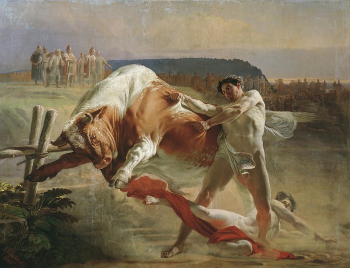 Сорокин Евграф (1821-1892). Ян Усмовец, удерживающий быка. 1849, холст, масло, 207х266 см (700x537, 102Kb)
