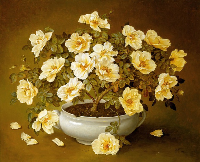 YELLOW ROSE TREE IN WHITE POT 76x91 oil on canvas on panel 1993 (700x567, 124Kb)
