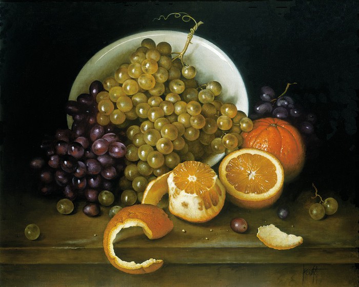 BLACK AND WHITE GRAPES AND ORANGES ON TABLE 46x56 cms Oil on canvas 1993 (700x560, 93Kb)