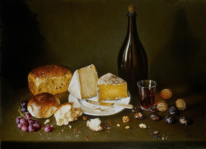 BREAD CHEESE AND WINE ON TABLE 56x76 cms on canvas1993 (700x506, 82Kb)