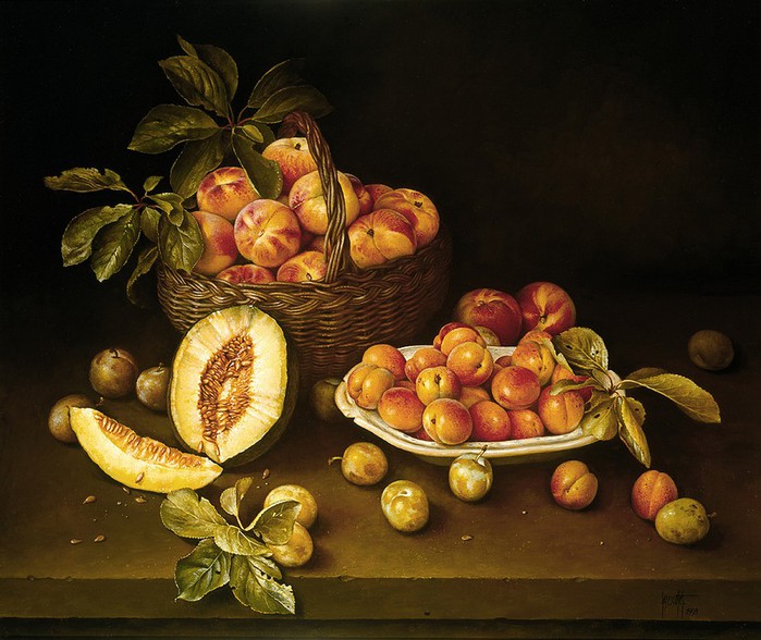 PEACHES BOWL APRICOTS MELON ON SHELF76x51Oil on cvas on panel1993 (700x588, 107Kb)