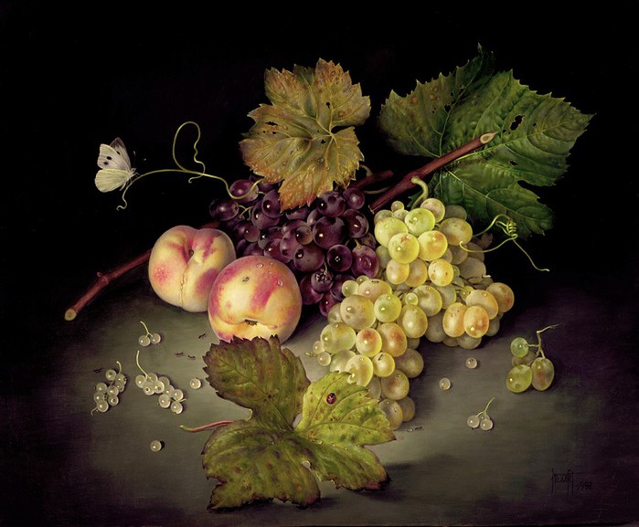STILL LIFE- MIXED GRAPES AND PEACHES 46X56 CMS OIL ON CANVAS 1997 (700x577, 87Kb)