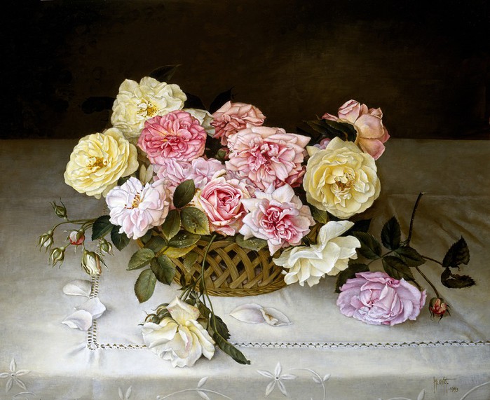 BASKET OF MIXED ROSES ON TABLE CLOTH 56x66 cms oil on canvas on panel 1993 (700x571, 112Kb)