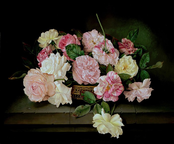 BASKET TRAY OF ROSES ON STONE SHELF 46x56 cms Oil on canvas 1996 (700x578, 85Kb)