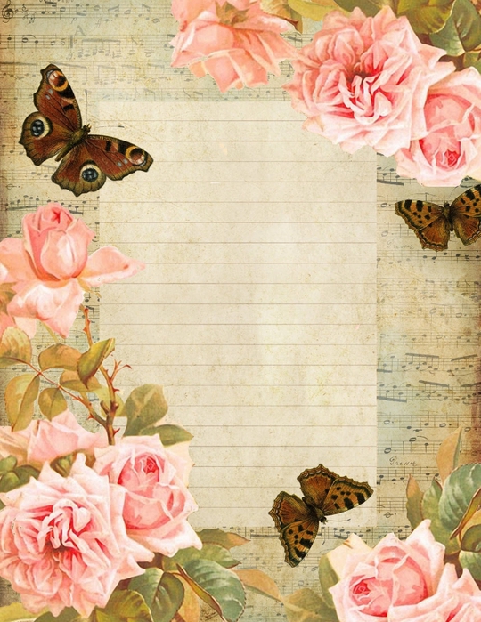 French sheet music lined paper ~ brown butterflies pink roses blue sky (540x700, 323Kb)