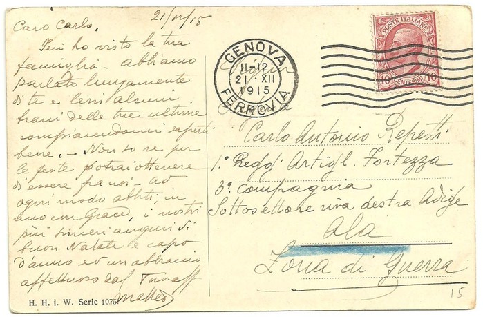 34 1915 vintage postcard italy from genova to carlo antonio repetti in adige war zone h.h.i.w. serie 1075 (700x459, 103Kb)