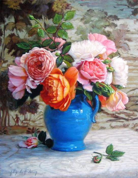 Pink_and_Orange_Roses_in_Handmade_Blue_Ceramic_Pitcher_with_Wallpaper-466x600 (543x700, 132Kb)