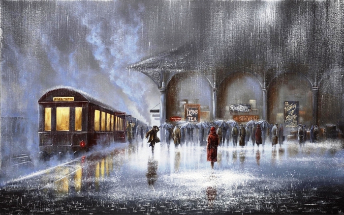 1920x1200 дождь, jeff rowland, картина, встреча, двое, вокзал, ливень hd обои на рабочий стол 51216