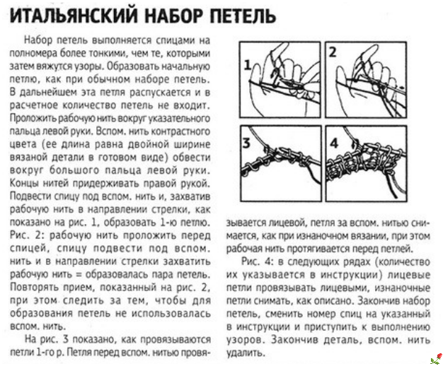 Итальянский набор петель. Итальянский набор петель спицами. Набор петель рабочей нитью. Описание итальянского набора петель спицами.