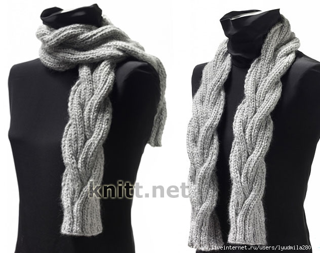 Пестрый шарф, связанный с угла, легко и естественно драпируется